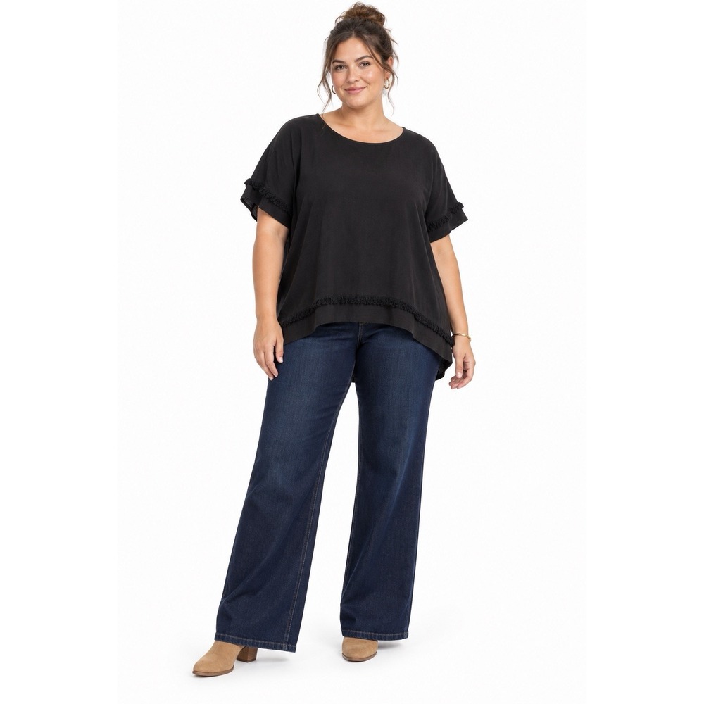 Black Linen Blend Top 1XL Boho Fringe High Low Short Sleeve Relaxed Umgee Plus